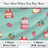 Cute Strawberry Cake Cherry Dessert Seamless Pattern Mint Background Digital Print Fabric by the Metre UK Sewing Quilting Textile