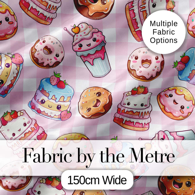 Kawaii Donut Cake Cupcake Sweet Dessert Seamless Pattern Pink Gingham  Digital Print Fabric by the Metre UK Sewing Quilting Textile