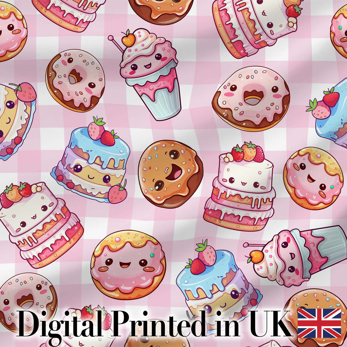 Kawaii Donut Cake Cupcake Sweet Dessert Seamless Pattern Pink Gingham  Digital Print Fabric by the Metre UK Sewing Quilting Textile