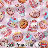 Kawaii Donut Cake Cupcake Sweet Dessert Seamless Pattern Pink Gingham  Digital Print Fabric by the Metre UK Sewing Quilting Textile