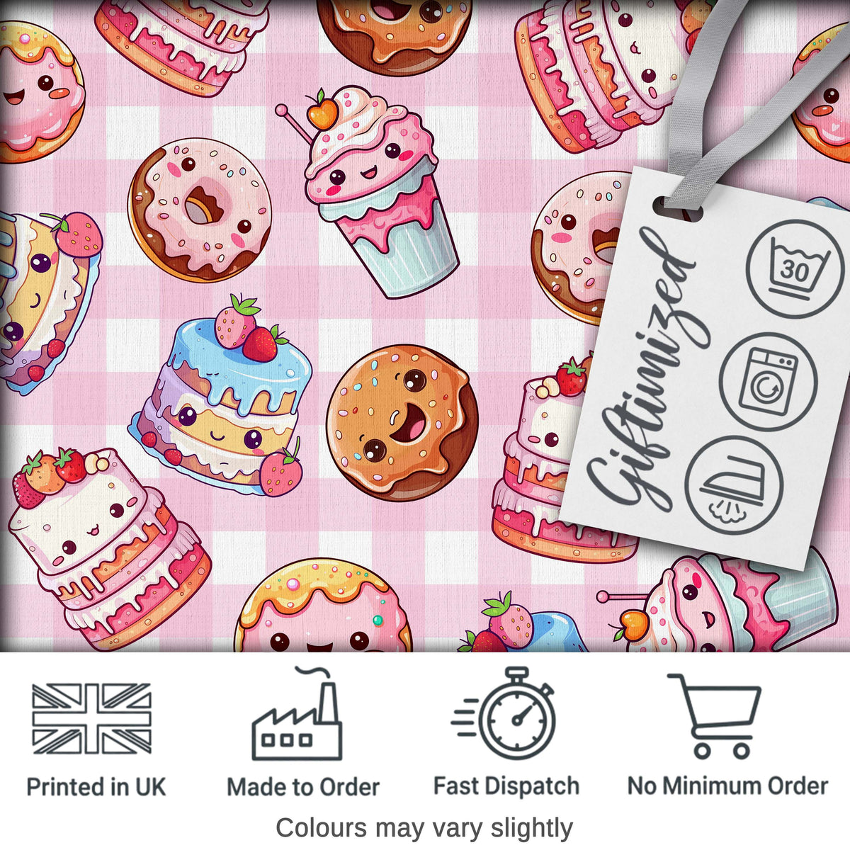 Kawaii Donut Cake Cupcake Sweet Dessert Seamless Pattern Pink Gingham  Digital Print Fabric by the Metre UK Sewing Quilting Textile