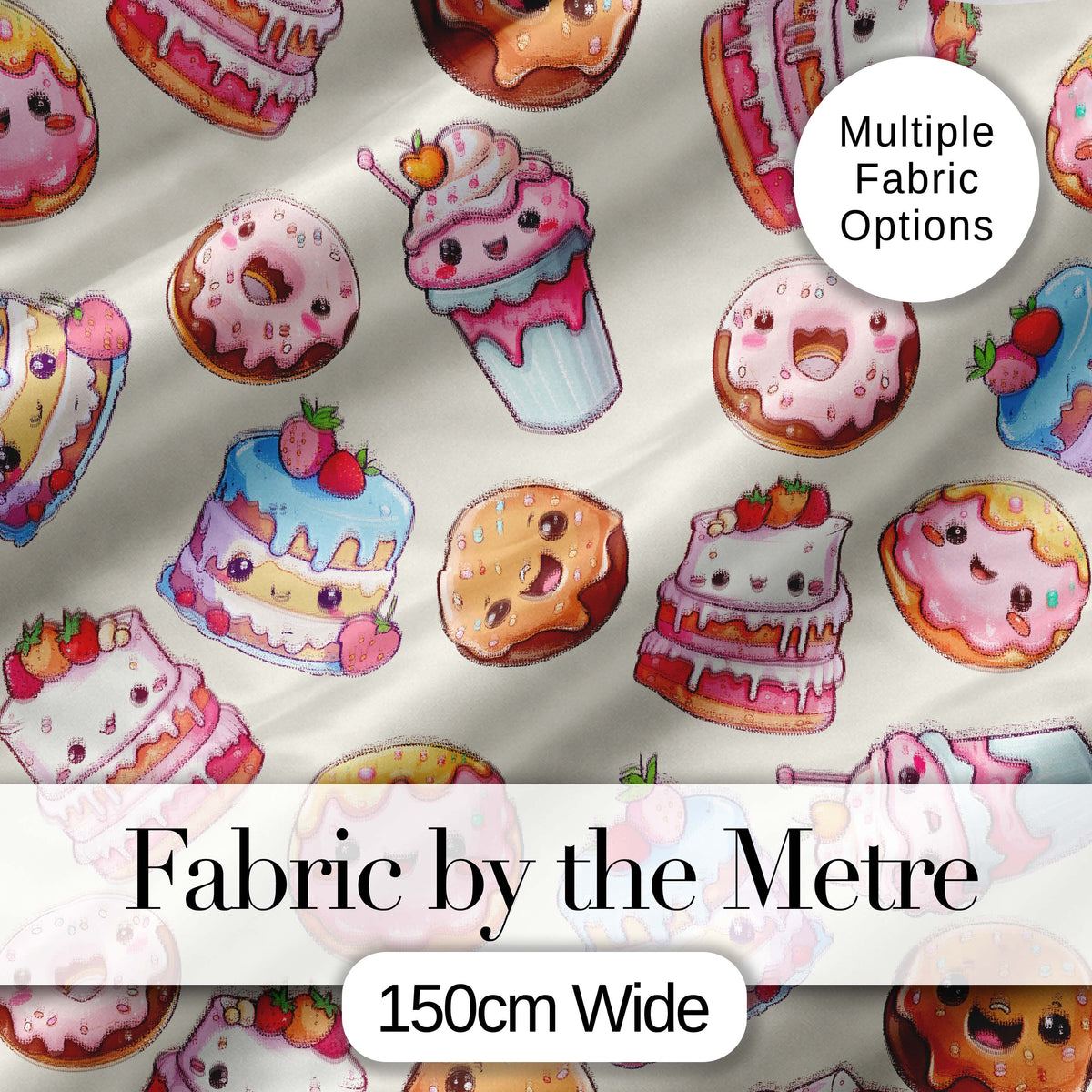 Cute Kawaii Donut Cake Cupcake Sweet Dessert Seamless Pattern Beige Background Digital Print Fabric by the Metre UK Sewing Quilting Textile