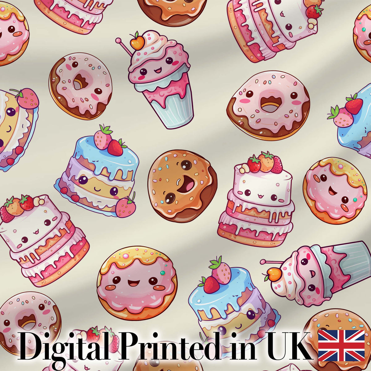 Cute Kawaii Donut Cake Cupcake Sweet Dessert Seamless Pattern Beige Background Digital Print Fabric by the Metre UK Sewing Quilting Textile