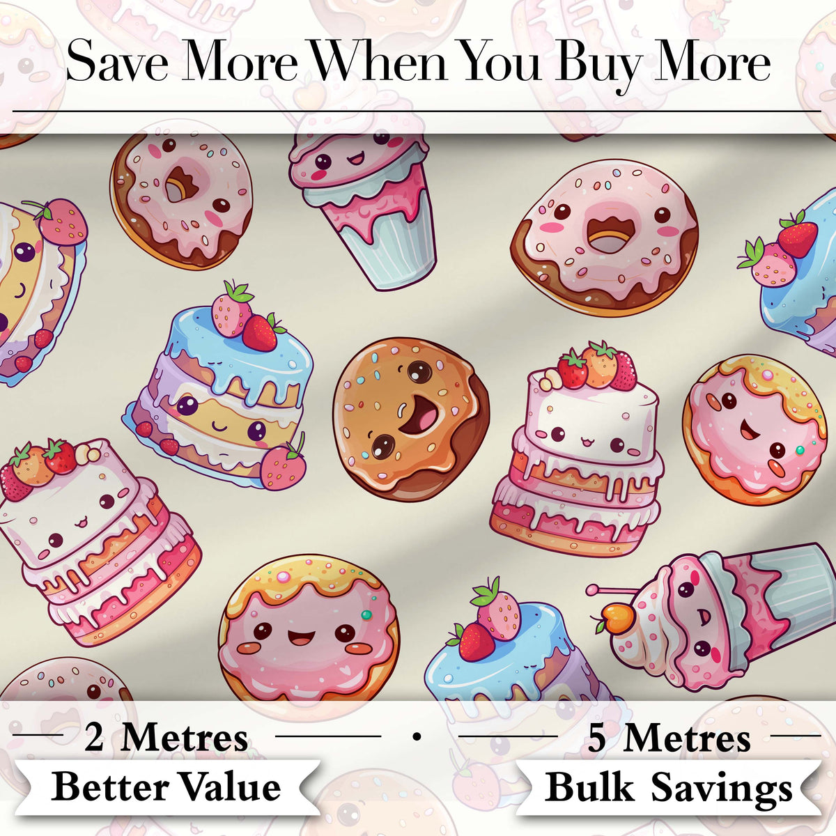 Cute Kawaii Donut Cake Cupcake Sweet Dessert Seamless Pattern Beige Background Digital Print Fabric by the Metre UK Sewing Quilting Textile