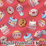 Kawaii Donut Cake Cupcake Sweet Dessert Seamless Pattern Coral Red  Digital Print Fabric by the Metre UK Sewing Quilting Textile