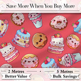 Kawaii Donut Cake Cupcake Sweet Dessert Seamless Pattern Coral Red  Digital Print Fabric by the Metre UK Sewing Quilting Textile