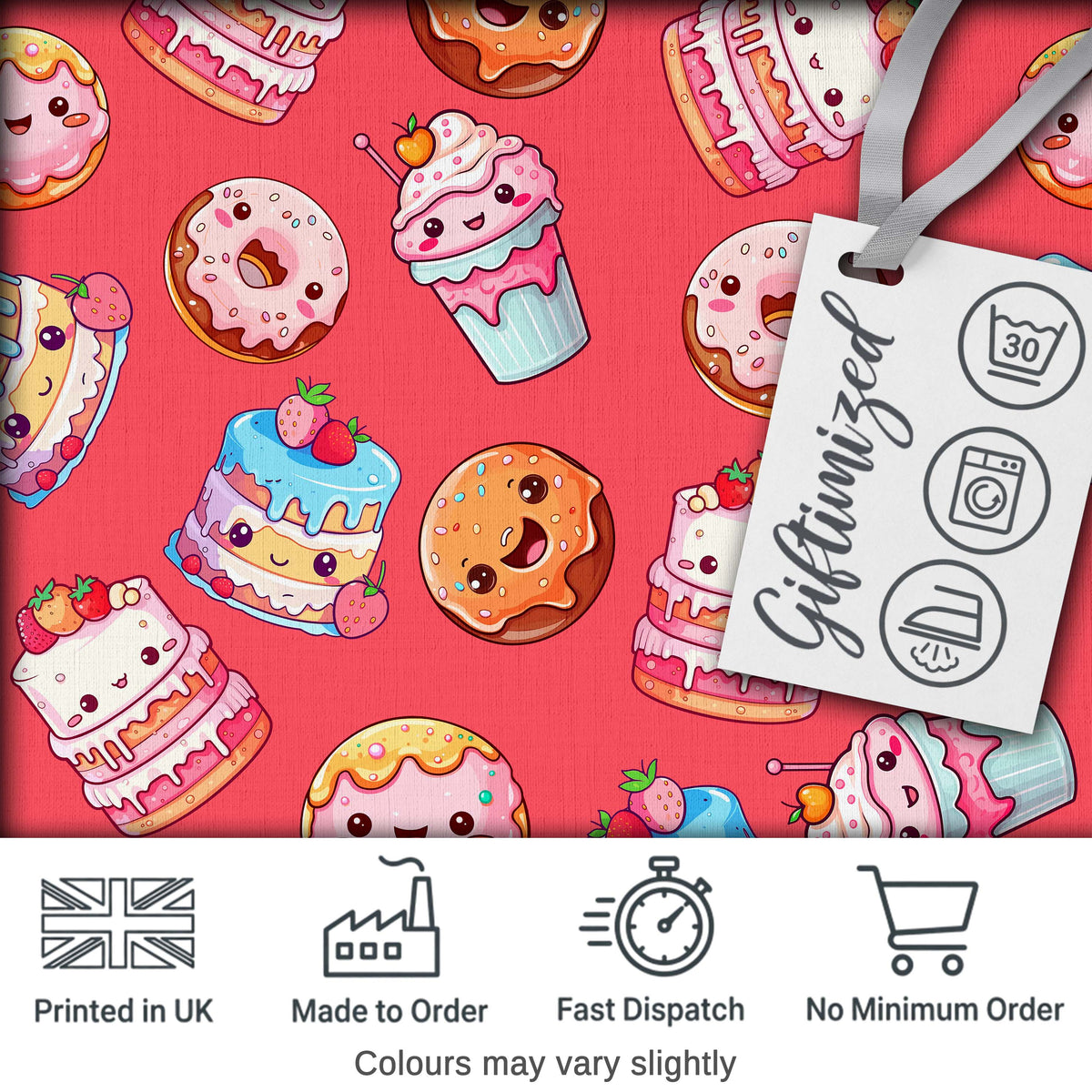 Kawaii Donut Cake Cupcake Sweet Dessert Seamless Pattern Coral Red  Digital Print Fabric by the Metre UK Sewing Quilting Textile