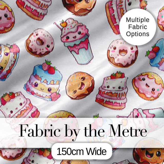 Kawaii Donut Cake Cupcake Sweet Dessert Seamless Pattern Light Grey  Digital Print Fabric by the Metre UK Sewing Quilting Textile