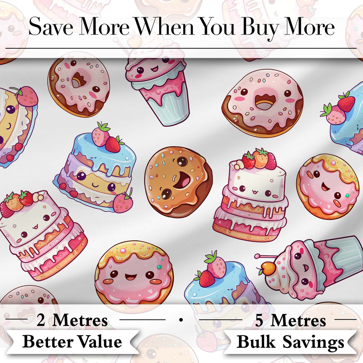 Kawaii Donut Cake Cupcake Sweet Dessert Seamless Pattern Light Grey  Digital Print Fabric by the Metre UK Sewing Quilting Textile