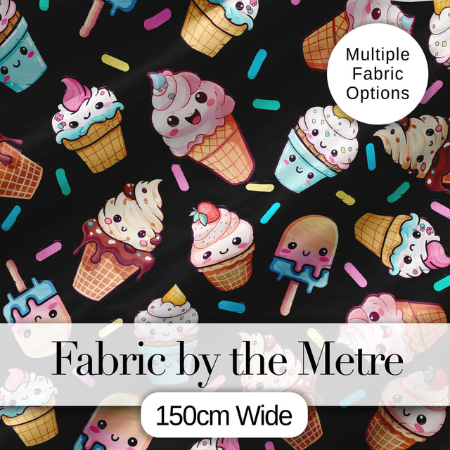 Cute Kawaii Ice Cream Cone Popsicle Dessert Seamless Pattern Black Background Digital Print Fabric by the Metre UK Sewing Quilting Textile
