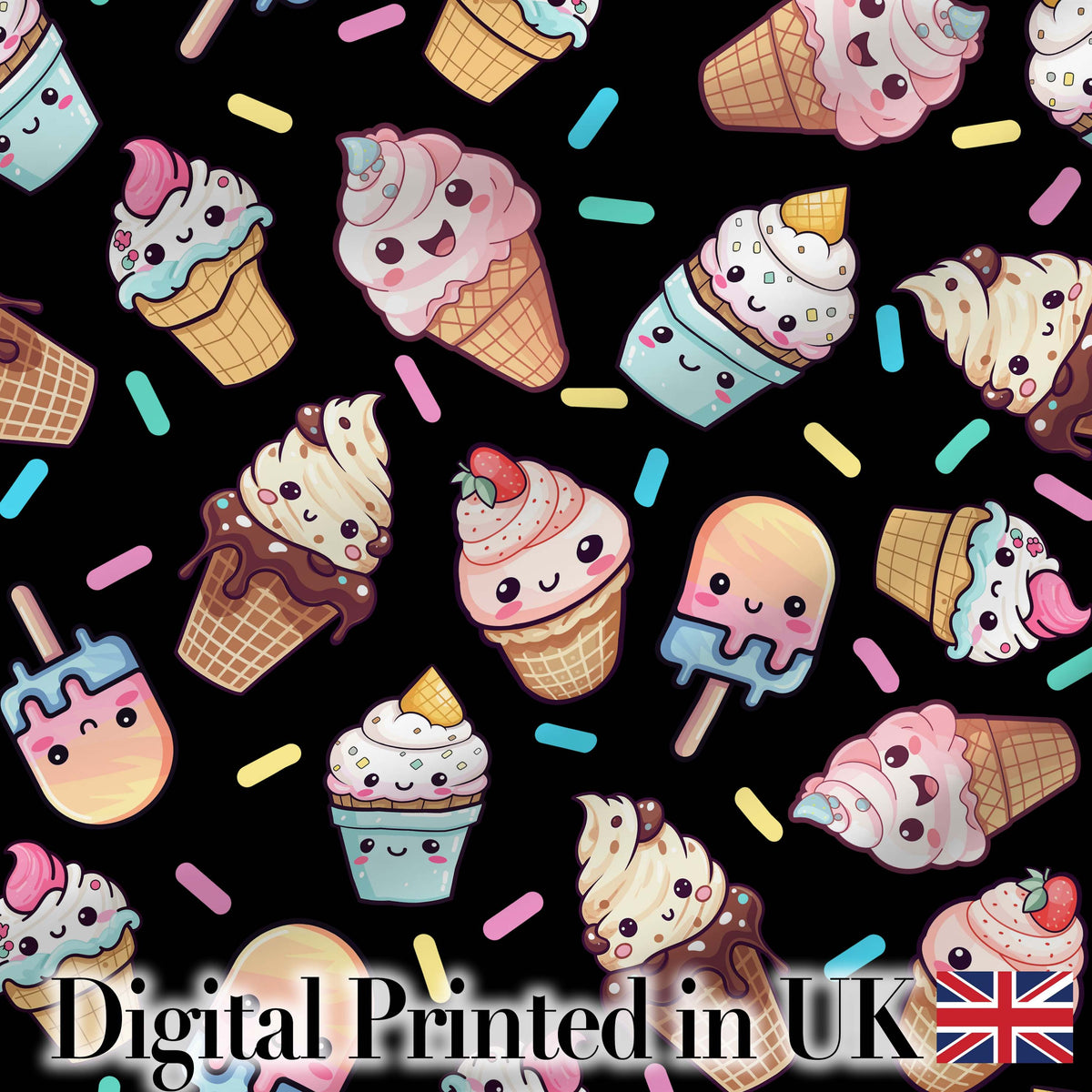 Cute Kawaii Ice Cream Cone Popsicle Dessert Seamless Pattern Black Background Digital Print Fabric by the Metre UK Sewing Quilting Textile