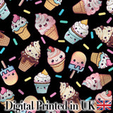 Cute Kawaii Ice Cream Cone Popsicle Dessert Seamless Pattern Black Background Digital Print Fabric by the Metre UK Sewing Quilting Textile