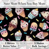 Cute Kawaii Ice Cream Cone Popsicle Dessert Seamless Pattern Black Background Digital Print Fabric by the Metre UK Sewing Quilting Textile