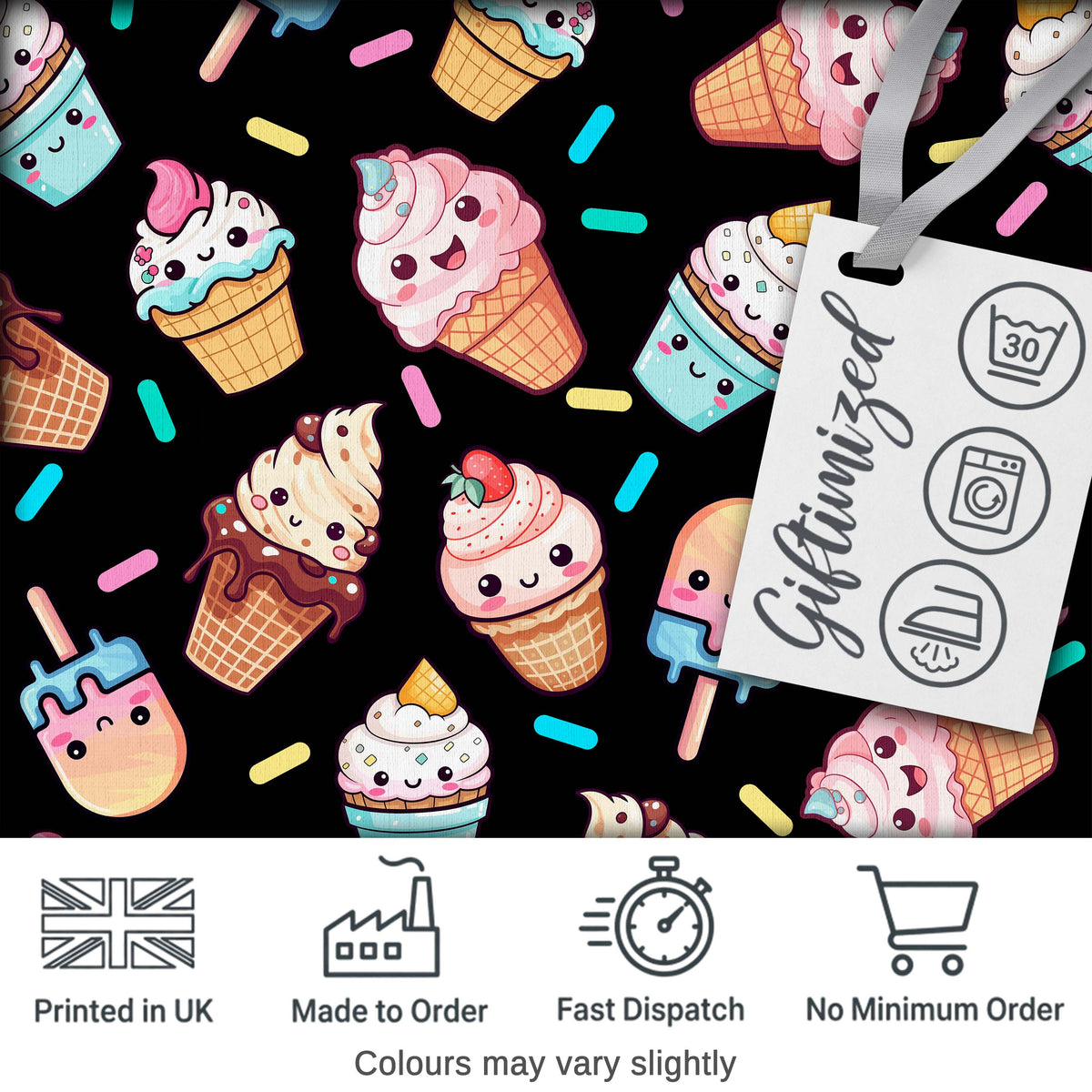 Cute Kawaii Ice Cream Cone Popsicle Dessert Seamless Pattern Black Background Digital Print Fabric by the Metre UK Sewing Quilting Textile