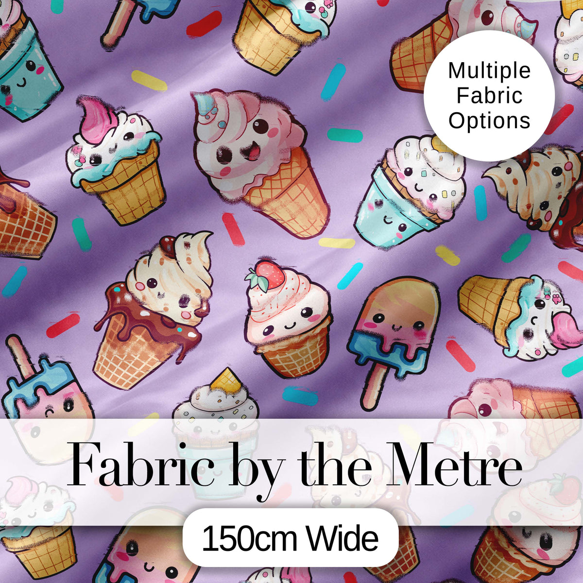 Kawaii Ice Cream Cone Popsicle Sweet Dessert Seamless Pattern Purple  Digital Print Fabric by the Metre UK Sewing Quilting Textile