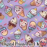 Kawaii Ice Cream Cone Popsicle Sweet Dessert Seamless Pattern Purple  Digital Print Fabric by the Metre UK Sewing Quilting Textile