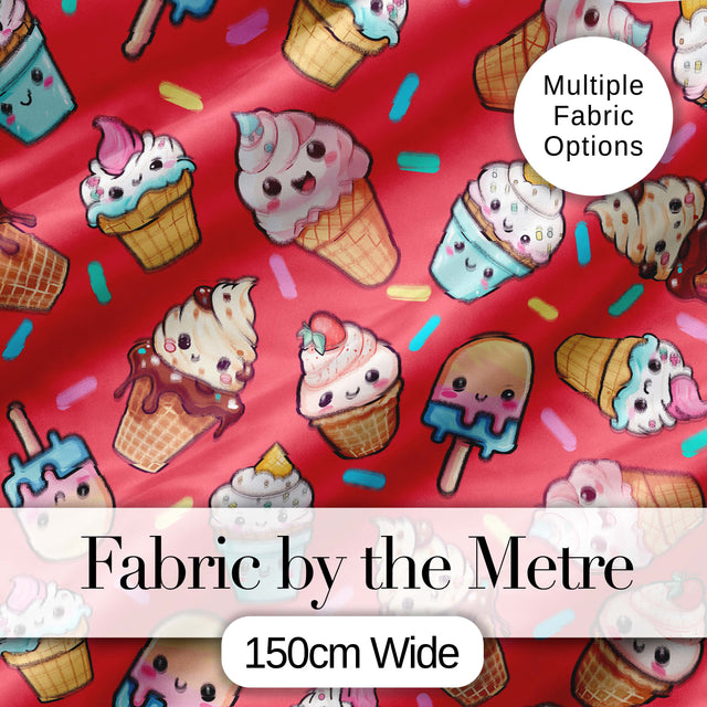 Kawaii Ice Cream Cone Popsicle Sweet Dessert Seamless Pattern Coral Red  Digital Print Fabric by the Metre UK Sewing Quilting Textile
