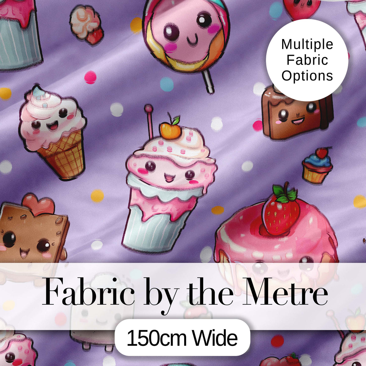 Cute Kawaii Dessert Cake Cupcake Donut Candy Sweet Treat Seamless Pattern Purple Background Digital Print Fabric by the Metre UK