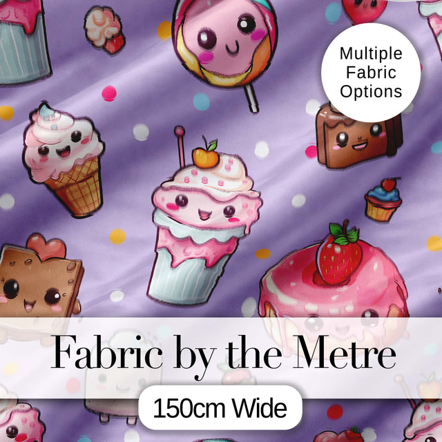 Cute Kawaii Dessert Cake Cupcake Donut Candy Sweet Treat Seamless Pattern Purple Background Digital Print Fabric by the Metre UK