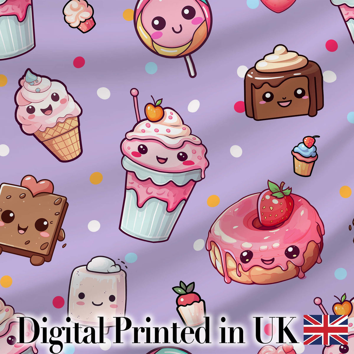 Cute Kawaii Dessert Cake Cupcake Donut Candy Sweet Treat Seamless Pattern Purple Background Digital Print Fabric by the Metre UK
