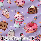 Cute Kawaii Dessert Cake Cupcake Donut Candy Sweet Treat Seamless Pattern Purple Background Digital Print Fabric by the Metre UK