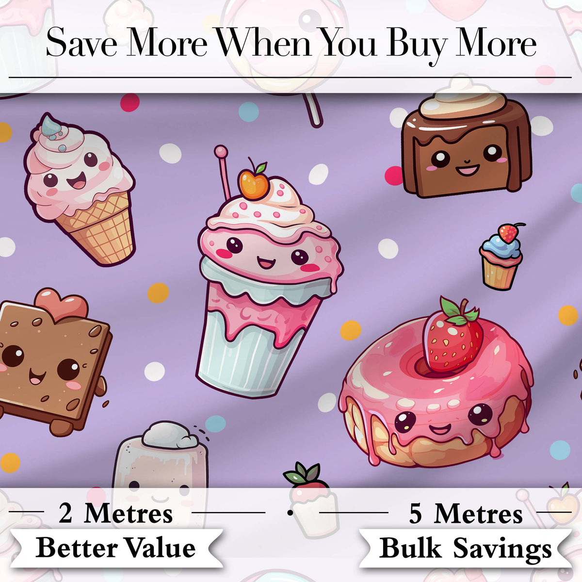 Cute Kawaii Dessert Cake Cupcake Donut Candy Sweet Treat Seamless Pattern Purple Background Digital Print Fabric by the Metre UK