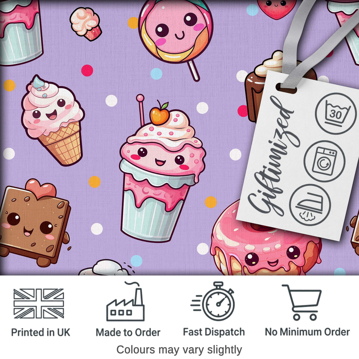Cute Kawaii Dessert Cake Cupcake Donut Candy Sweet Treat Seamless Pattern Purple Background Digital Print Fabric by the Metre UK