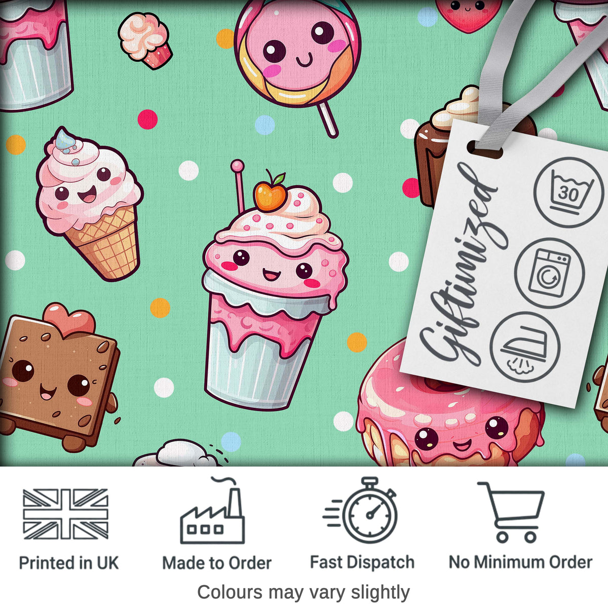 Cute Kawaii Dessert Cake Cupcake Donut Candy Sweet Treat Seamless Pattern Mint Green Background Digital Print Fabric by the Metre UK