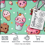 Cute Kawaii Dessert Cake Cupcake Donut Candy Sweet Treat Seamless Pattern Mint Green Background Digital Print Fabric by the Metre UK