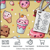 Cute Kawaii Dessert Cake Cupcake Donut Candy Sweet Treat Seamless Pattern Yellow Background Digital Print Fabric by the Metre UK