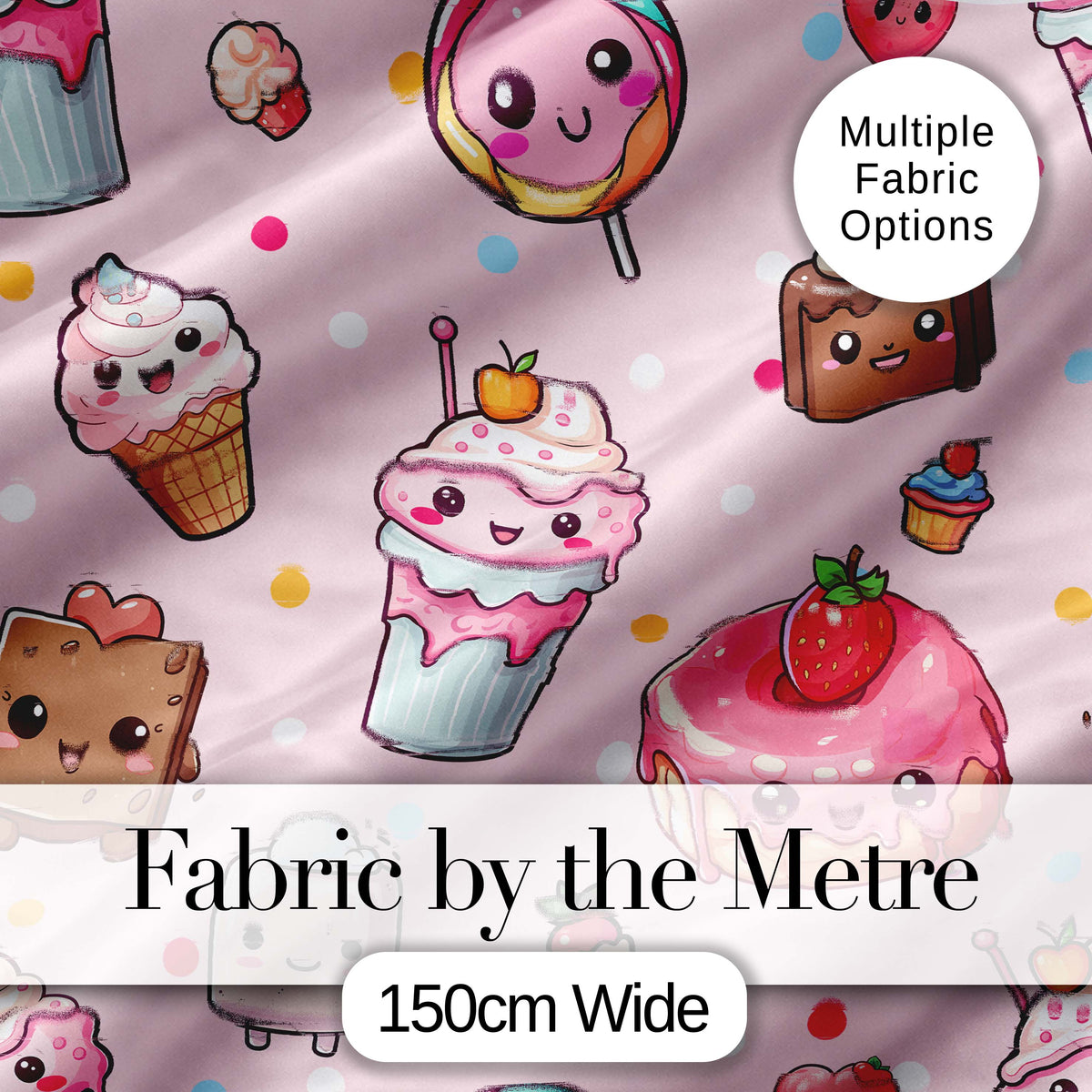 Cute Kawaii Dessert Cake Cupcake Donut Candy Sweet Treat Seamless Pattern Soft Pink Background Digital Print Fabric by the Metre UK