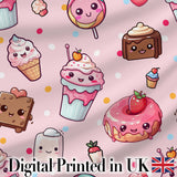 Cute Kawaii Dessert Cake Cupcake Donut Candy Sweet Treat Seamless Pattern Soft Pink Background Digital Print Fabric by the Metre UK