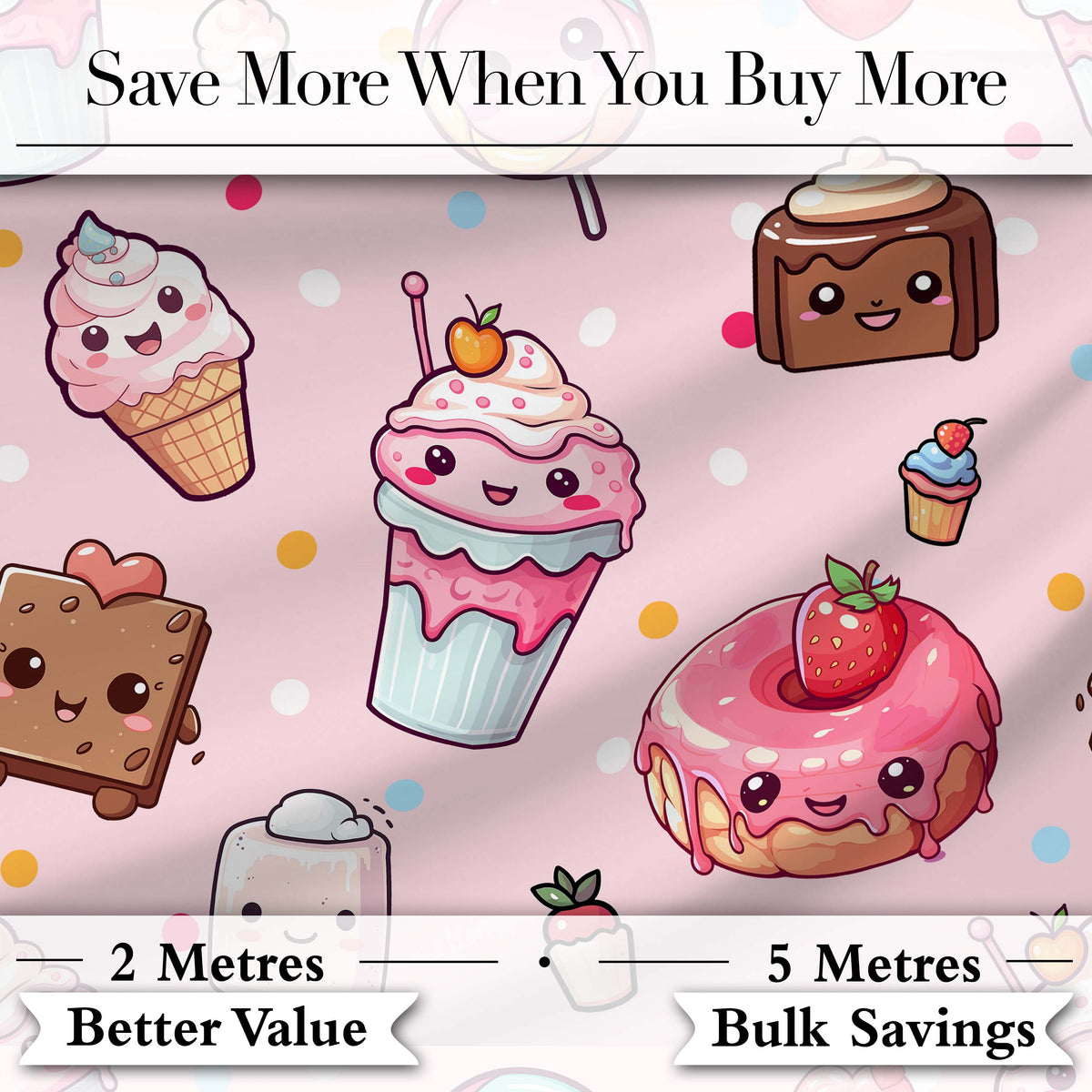 Cute Kawaii Dessert Cake Cupcake Donut Candy Sweet Treat Seamless Pattern Soft Pink Background Digital Print Fabric by the Metre UK
