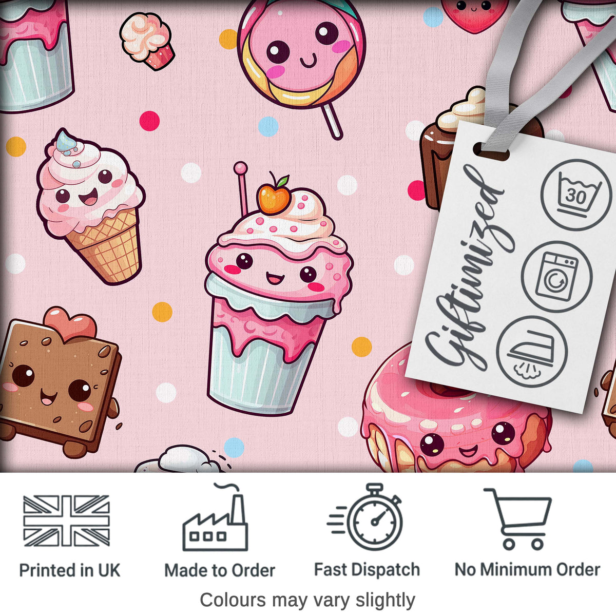 Cute Kawaii Dessert Cake Cupcake Donut Candy Sweet Treat Seamless Pattern Soft Pink Background Digital Print Fabric by the Metre UK
