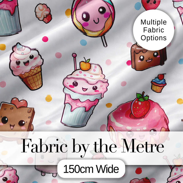 Cute Kawaii Dessert Cake Cupcake Donut Candy Sweet Treat Seamless Pattern Grey Background Digital Print Fabric by the Metre UK