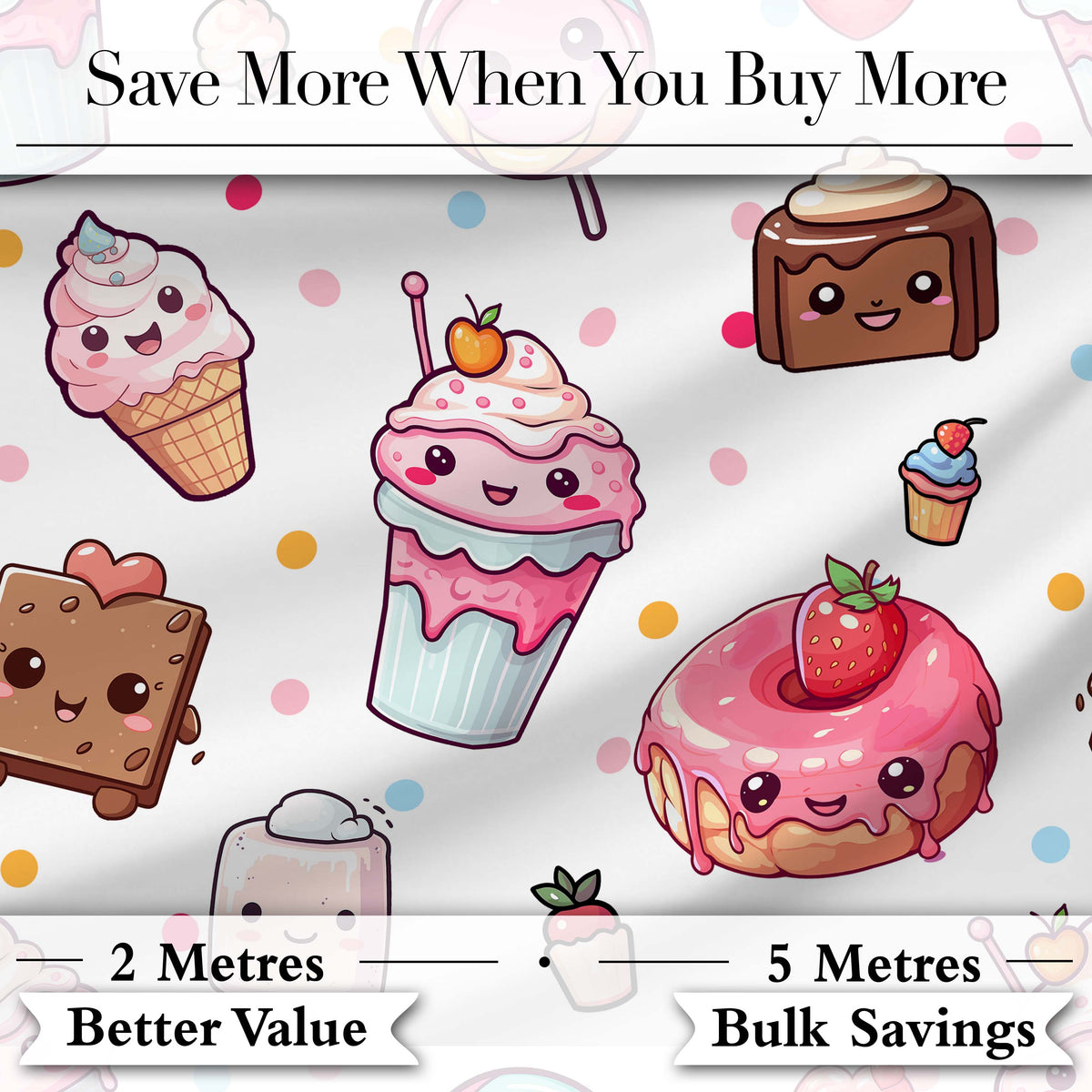 Cute Kawaii Dessert Cake Cupcake Donut Candy Sweet Treat Seamless Pattern Grey Background Digital Print Fabric by the Metre UK