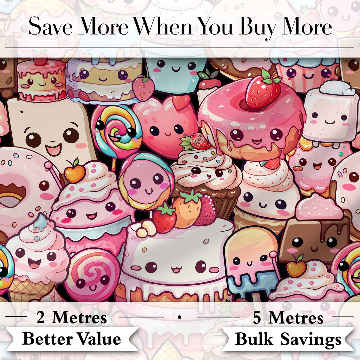Cute Kawaii Dessert Cake Cupcake Donut Candy Sweet Treat Collage Pattern Pastel Sweets Background Digital Print Fabric by the Metre UK