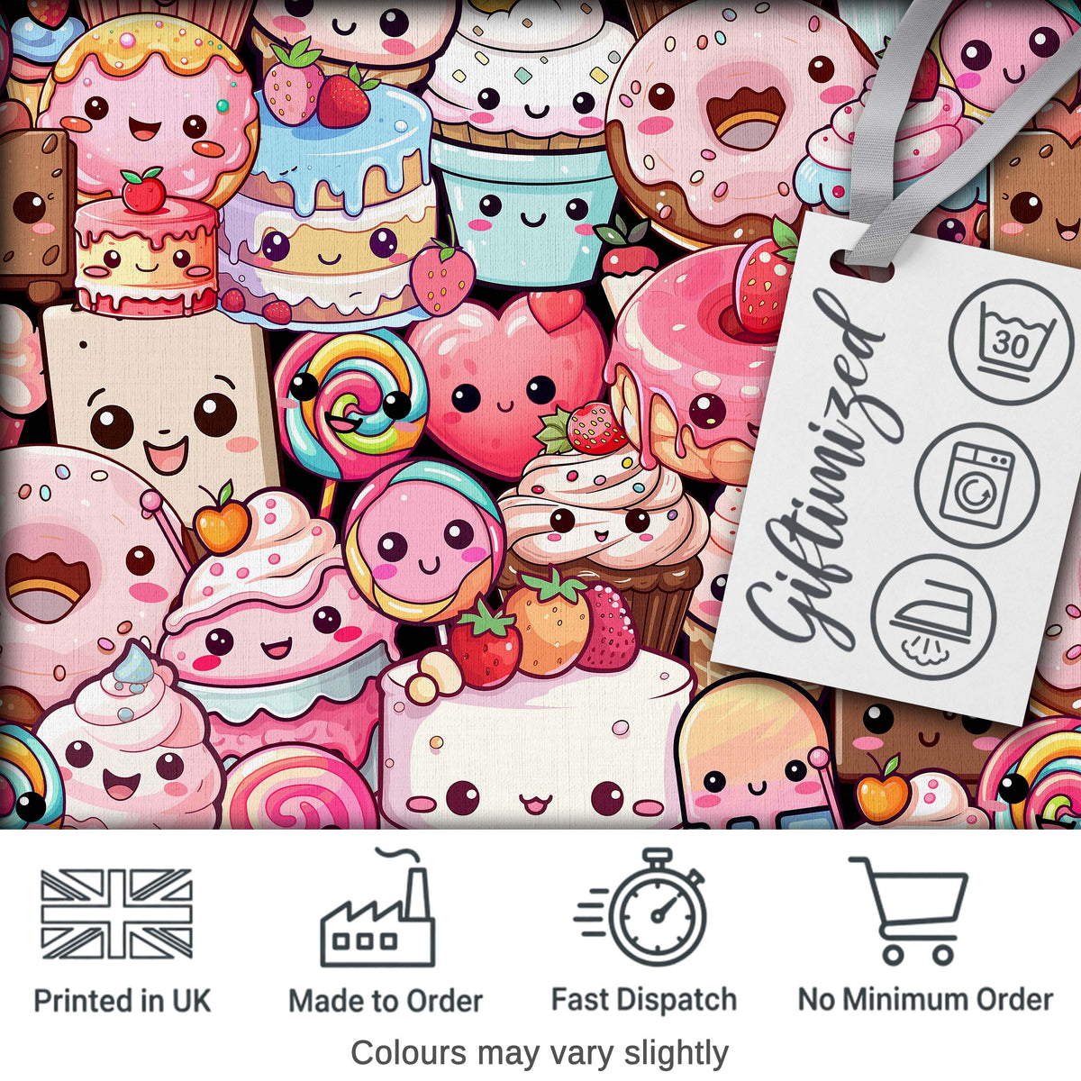 Cute Kawaii Dessert Cake Cupcake Donut Candy Sweet Treat Collage Pattern Pastel Sweets Background Digital Print Fabric by the Metre UK