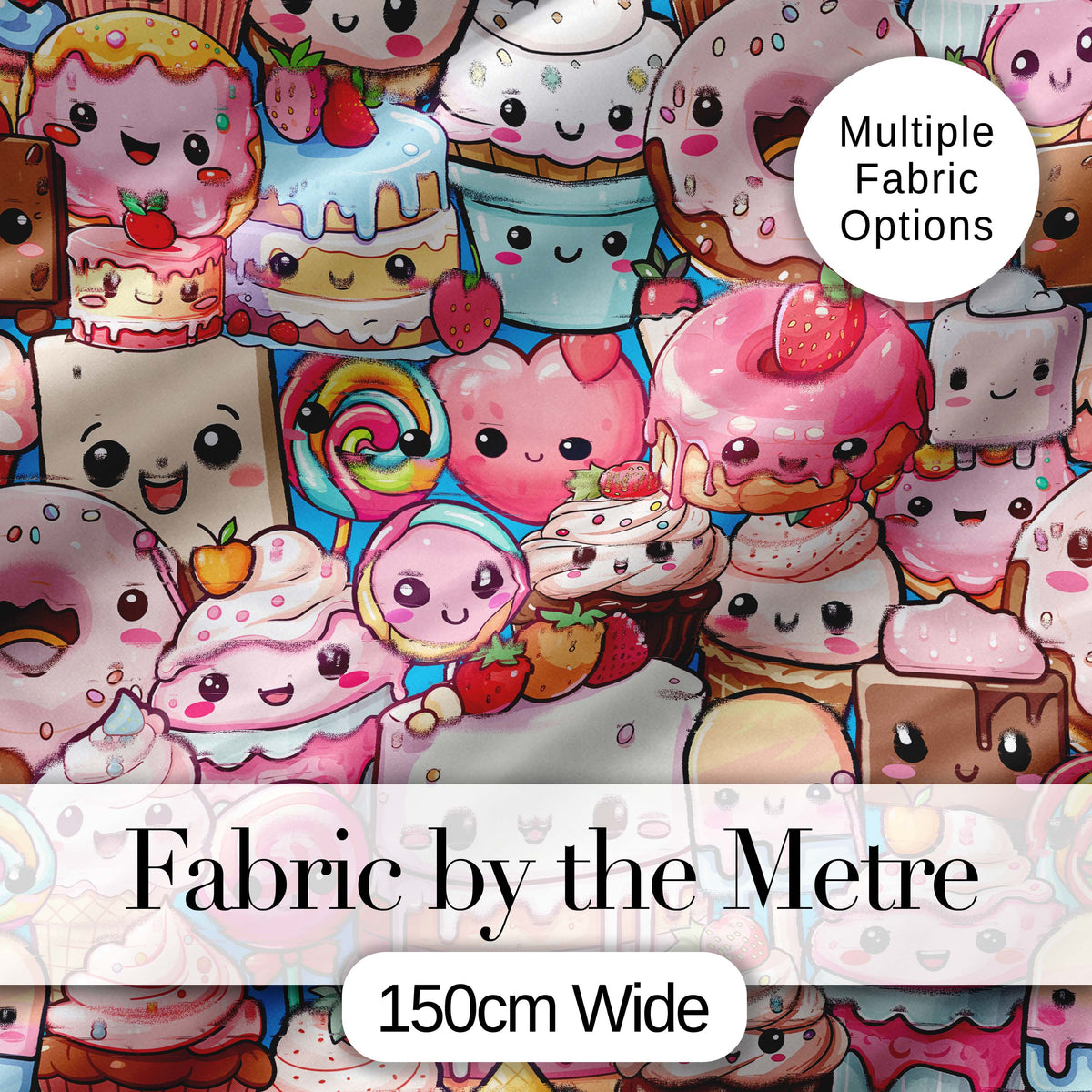 Cute Kawaii Dessert Cake Cupcake Donut Candy Sweet Treat Collage Pattern Blue Background Digital Print Fabric by the Metre UK