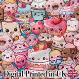 Cute Kawaii Dessert Cake Cupcake Donut Candy Sweet Treat Collage Pattern Blue Background Digital Print Fabric by the Metre UK