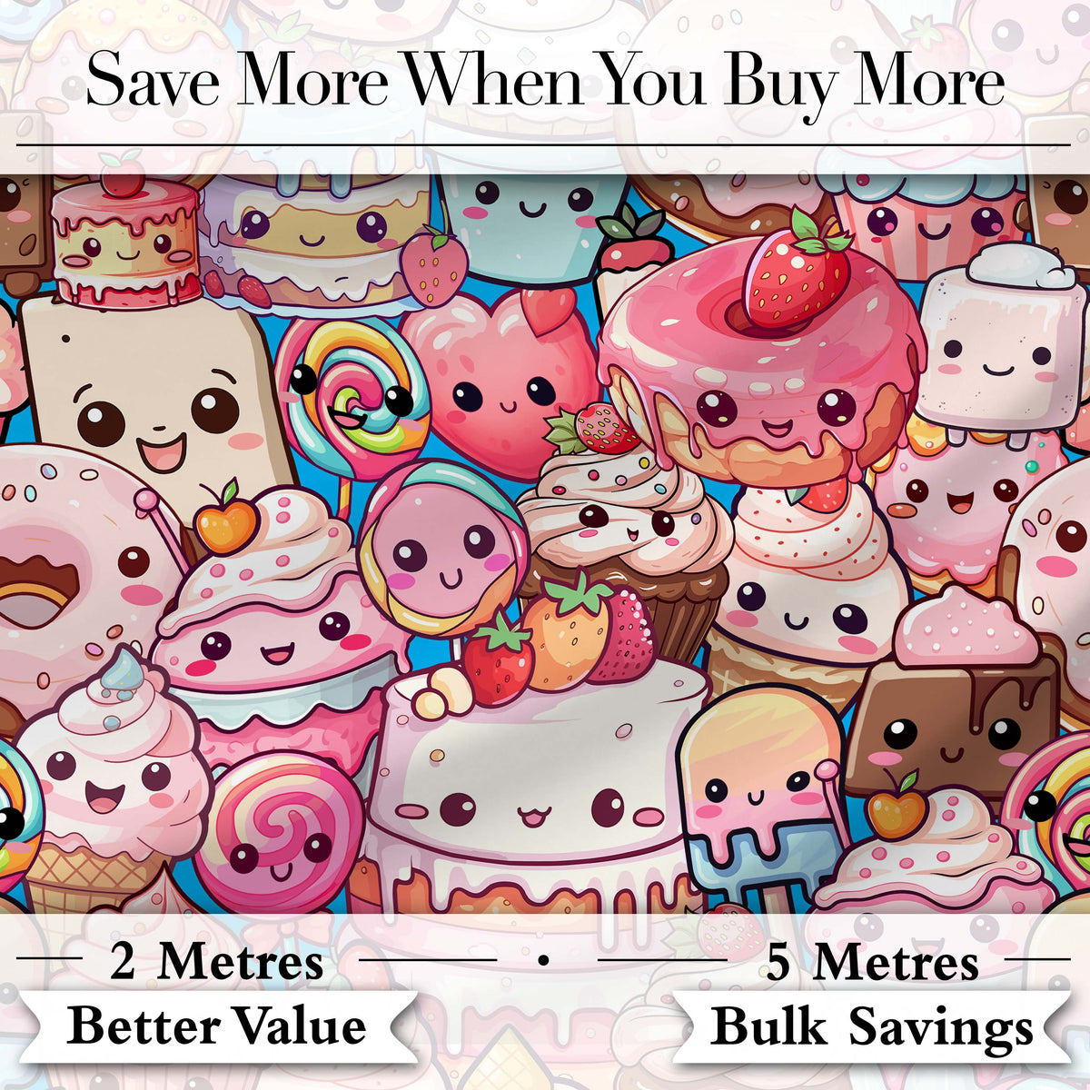 Cute Kawaii Dessert Cake Cupcake Donut Candy Sweet Treat Collage Pattern Blue Background Digital Print Fabric by the Metre UK
