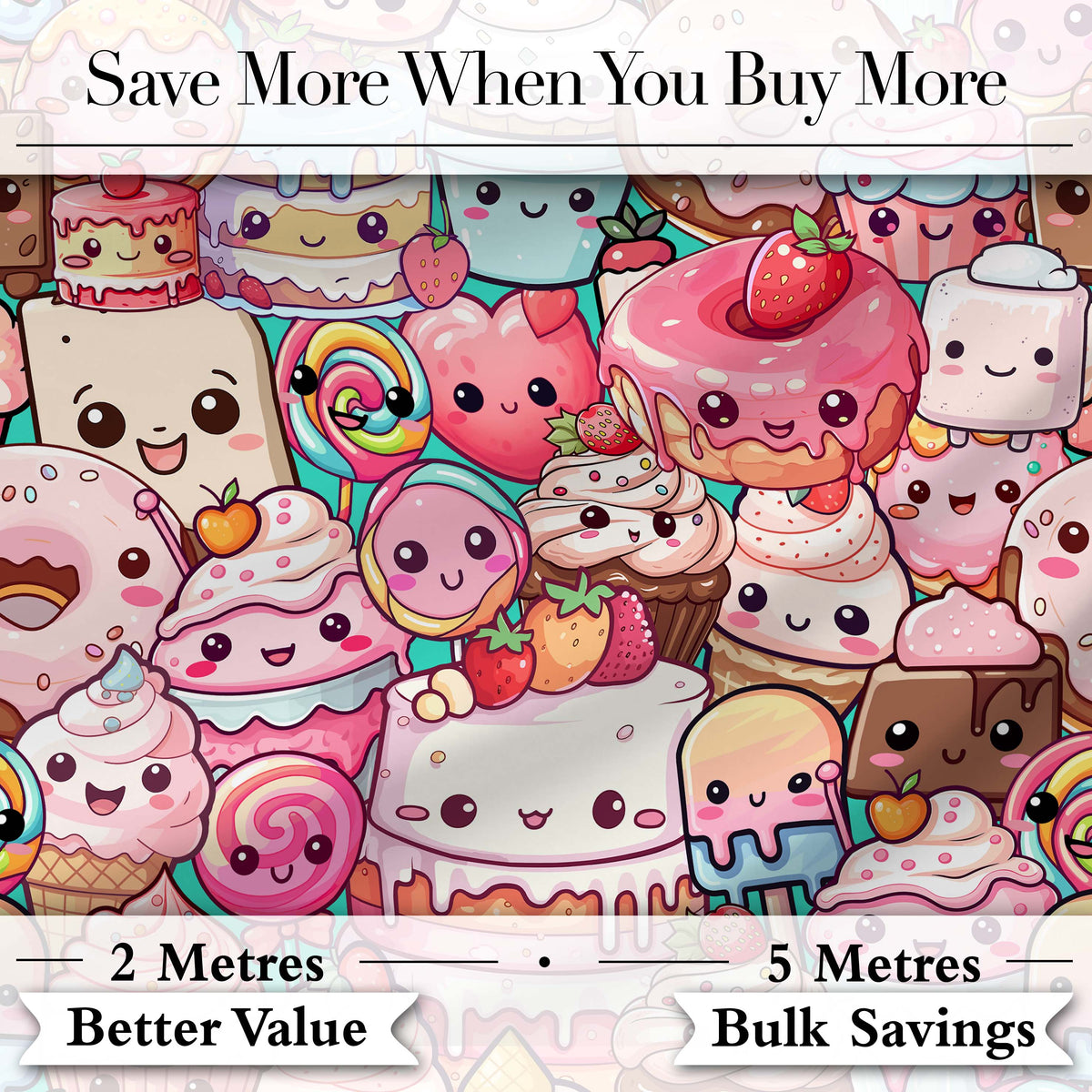 Cute Kawaii Dessert Cake Cupcake Donut Candy Sweet Treat Collage Pattern Teal Background Digital Print Fabric by the Metre UK