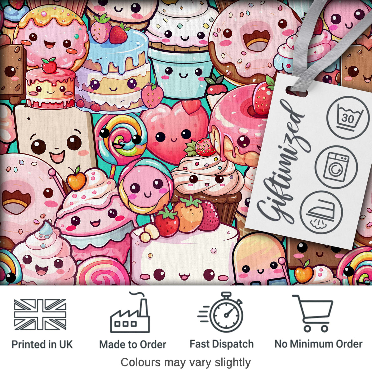 Cute Kawaii Dessert Cake Cupcake Donut Candy Sweet Treat Collage Pattern Teal Background Digital Print Fabric by the Metre UK
