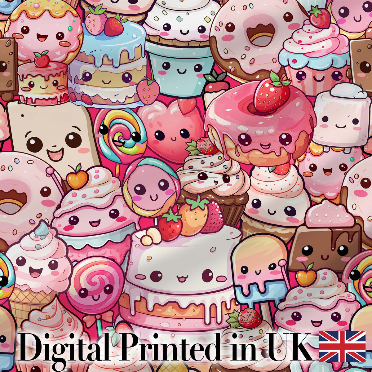 Cute Kawaii Dessert Cake Cupcake Donut Candy Sweet Treat Collage Pattern Pink Background Digital Print Fabric by the Metre UK