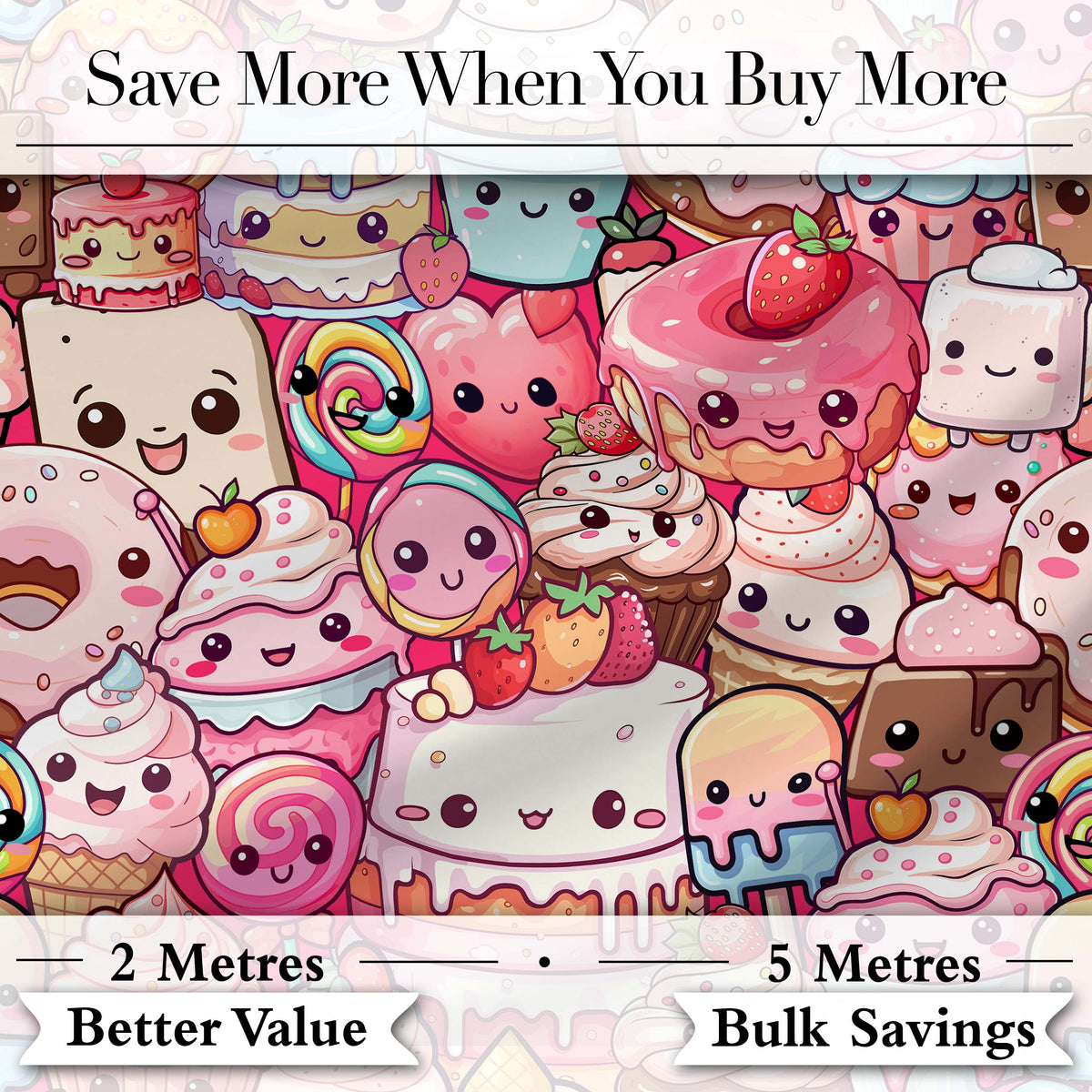Cute Kawaii Dessert Cake Cupcake Donut Candy Sweet Treat Collage Pattern Pink Background Digital Print Fabric by the Metre UK
