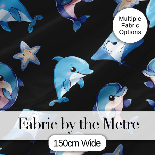 Kawaii Dolphin Stingray Starfish Ocean Animals Seamless Pattern Black  Digital Print Fabric by the Metre UK Sewing Quilting Textile