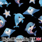 Kawaii Dolphin Stingray Starfish Ocean Animals Seamless Pattern Black  Digital Print Fabric by the Metre UK Sewing Quilting Textile