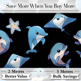 Kawaii Dolphin Stingray Starfish Ocean Animals Seamless Pattern Black  Digital Print Fabric by the Metre UK Sewing Quilting Textile
