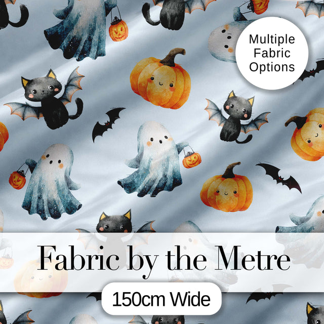Cute Halloween Ghost Pumpkin Bat Cat Seamless Pattern Grey Background Digital Print Fabric by the Metre UK Sewing Quilting Textile