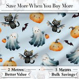 Cute Halloween Ghost Pumpkin Bat Cat Seamless Pattern Grey Background Digital Print Fabric by the Metre UK Sewing Quilting Textile